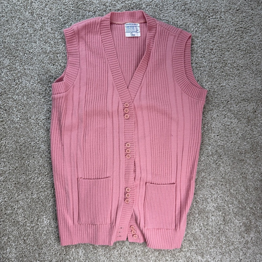 Vintage 50s 60s Sears Sweater Vest Womens 36 Pink V Neck Button Front Tight Knit